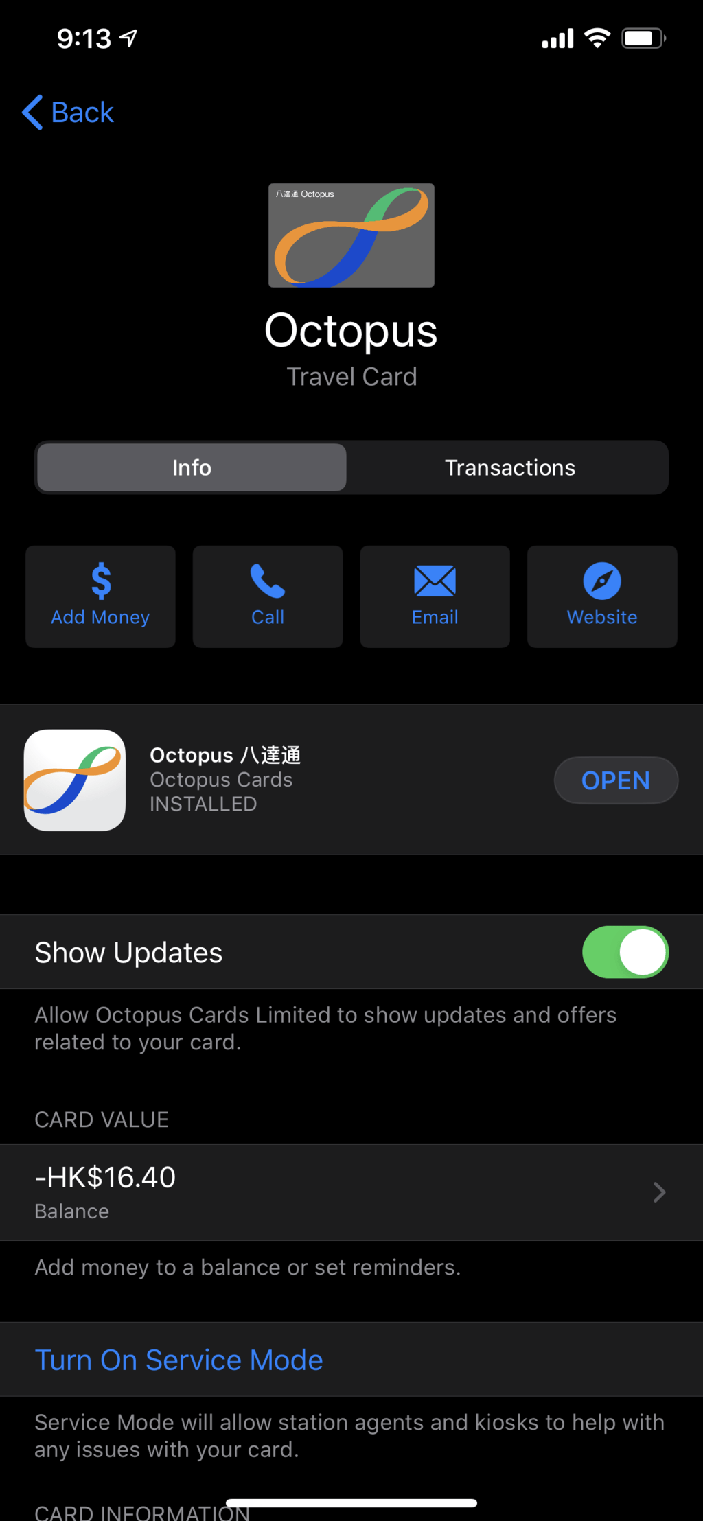 Viewing your Octopus card details in Apple Wallet. / Image courtesy of Brent Deverman